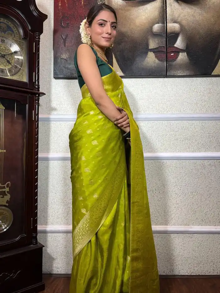 Lime Yellow Soft Lichi Silk Border Jacquard Work Saree - Image 3