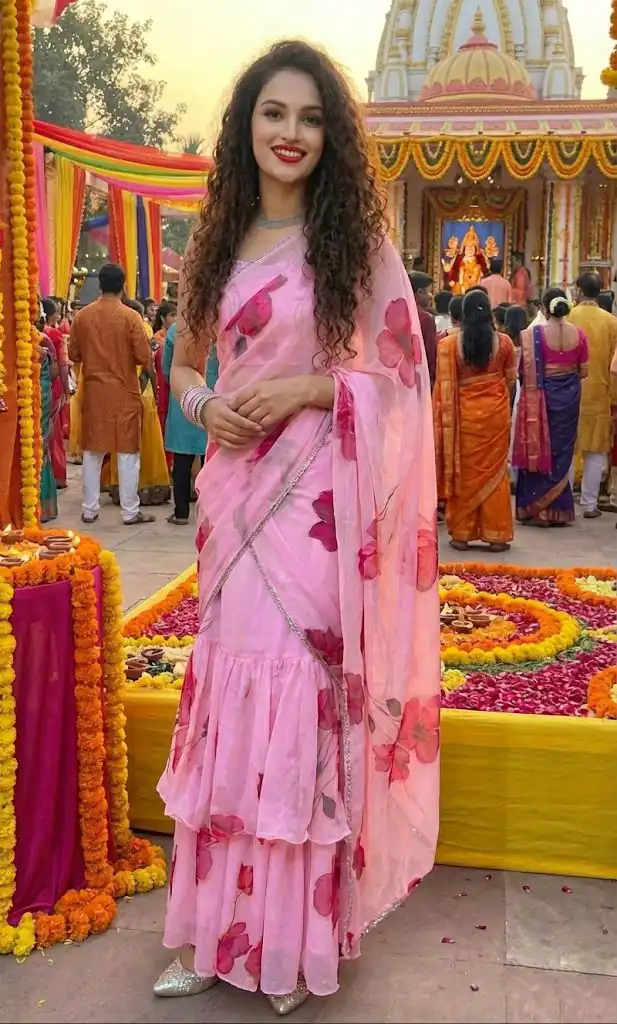 Baby Pink Premium Faux Georgette Digital Print Saree - Image 11