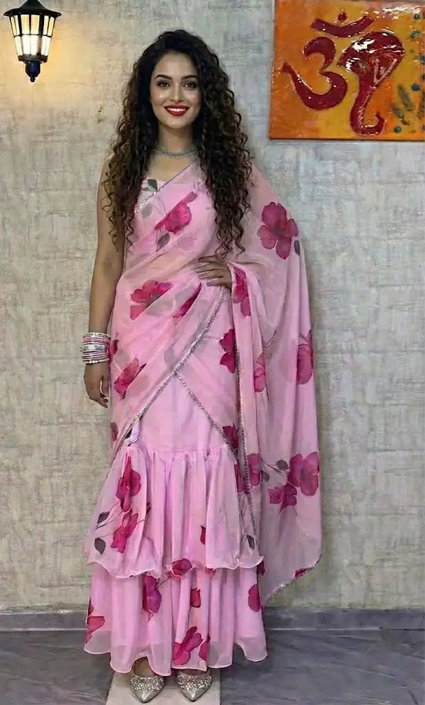 Baby Pink Premium Faux Georgette Digital Print Saree - Image 10