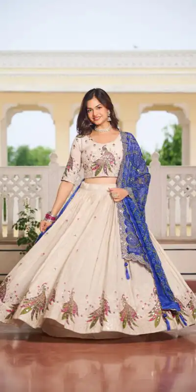 Blue Pure Tissue Silk Embroidery Work Lehenga Choli