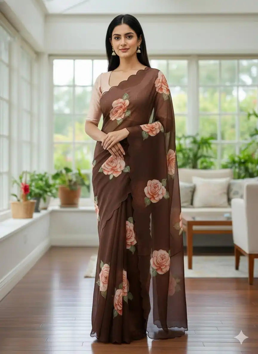 Brown TB Organza Digital Print Saree