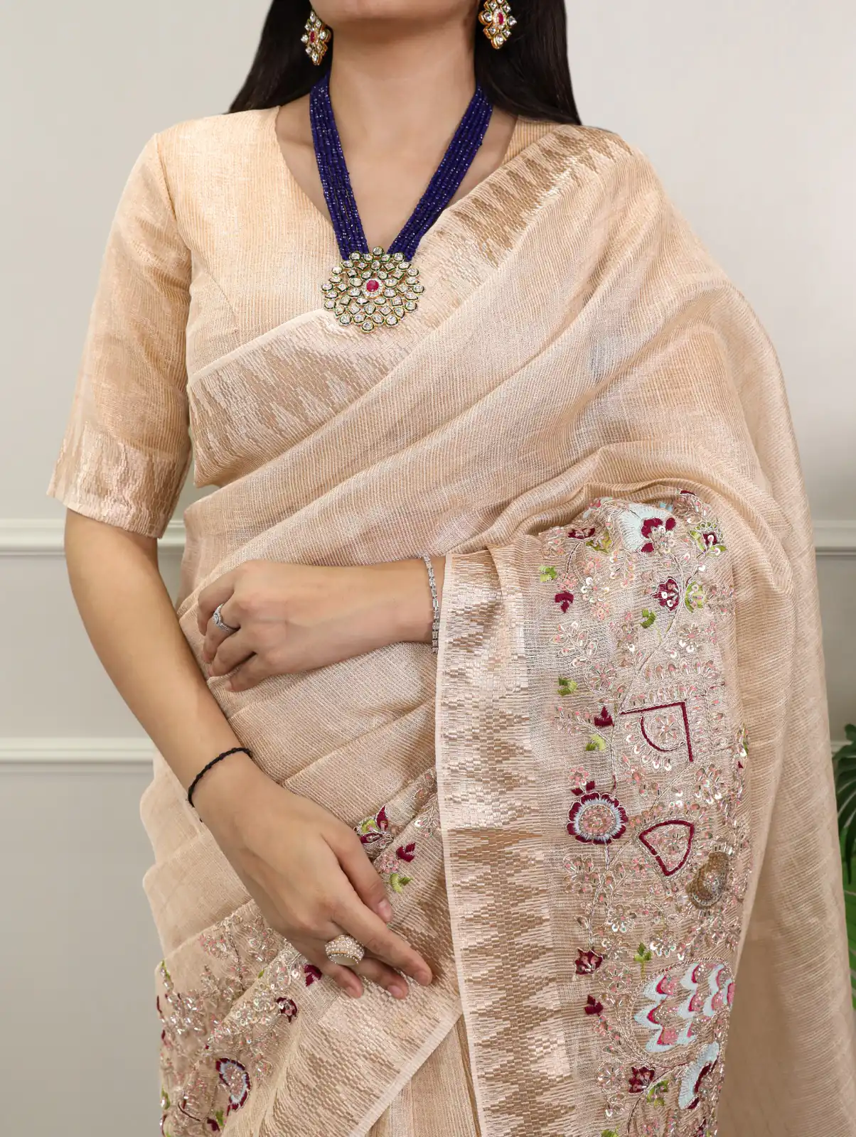 Cream Kota Tissue Zari Embroidery Work Saree - Image 2