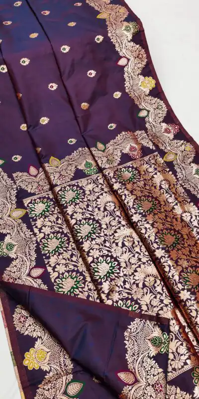 Dark Purple Banarasi Lace Work Gold Zari Border Saree