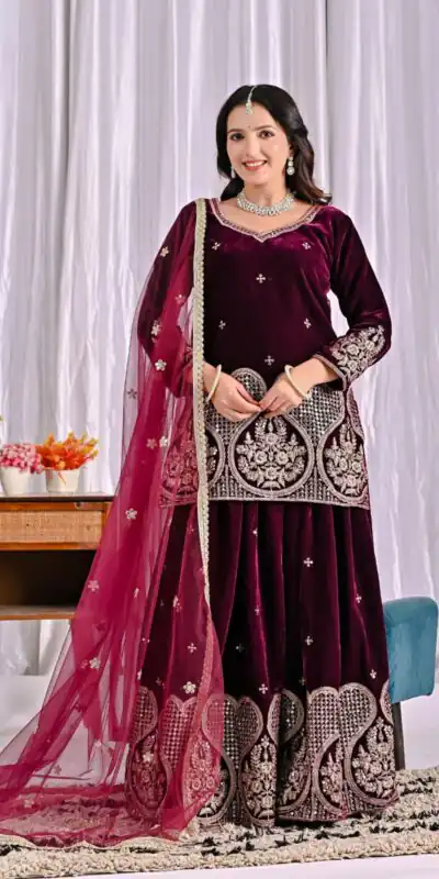 Maroon Pure Viscous Velvet Embroidery Work Salwar Suit