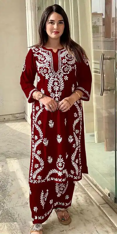 Maroon Rayon Wid Lakhnavi  Style Work Kurti