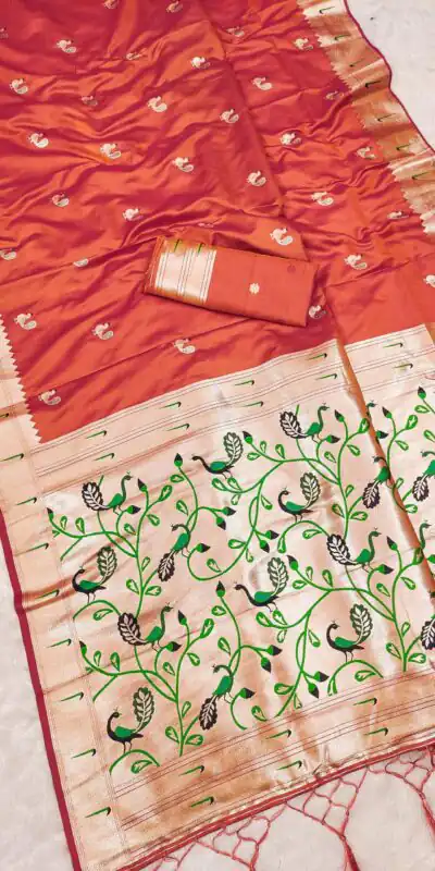 MB 389 Orange Soft Paithani Silk Saree with Lace Work & Zari Work. Affordable Price ₹2049. Delivery 4-6 Working Days. Shop now. | Creative Sarees, Embroidered Sarees, Bollywood Sarees, Designer Sarees, Ethnic Saree, Modern Digital sarees, Party Wear Sarees, Sarees