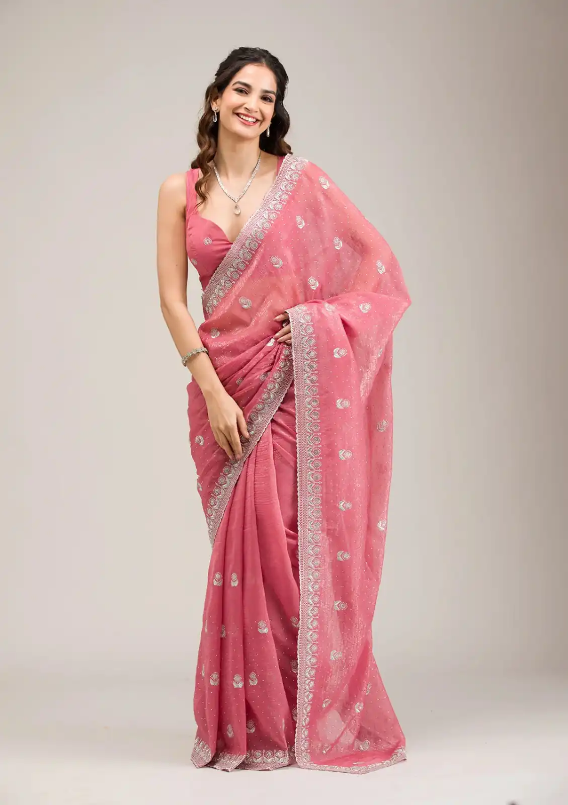 Peach Crunchy Ciffon Embroidery Zari Work Saree - Image 4