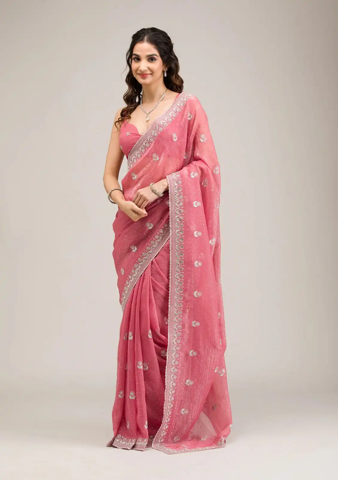 Peach Crunchy Ciffon Embroidery Zari Work Saree - Image 2