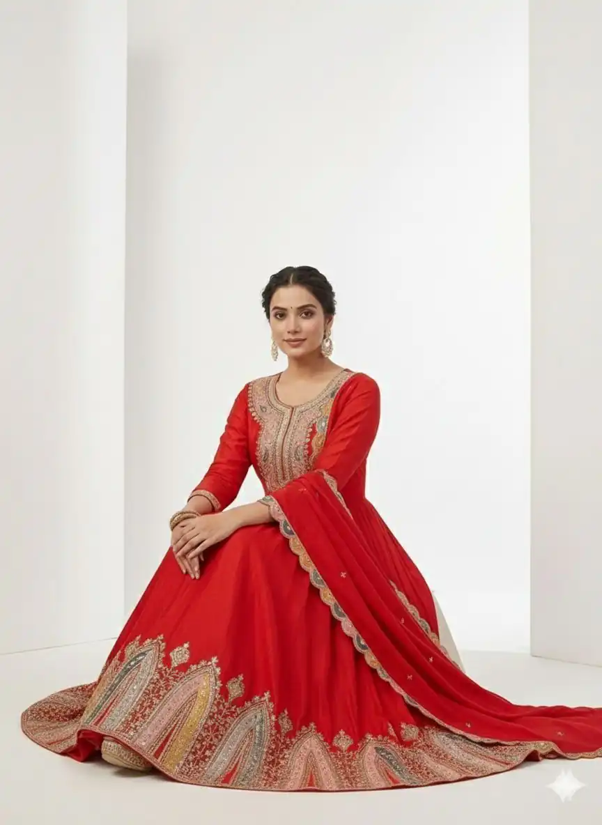 Red Chinon Silk Embroidery Work Salwar Suit - Image 4