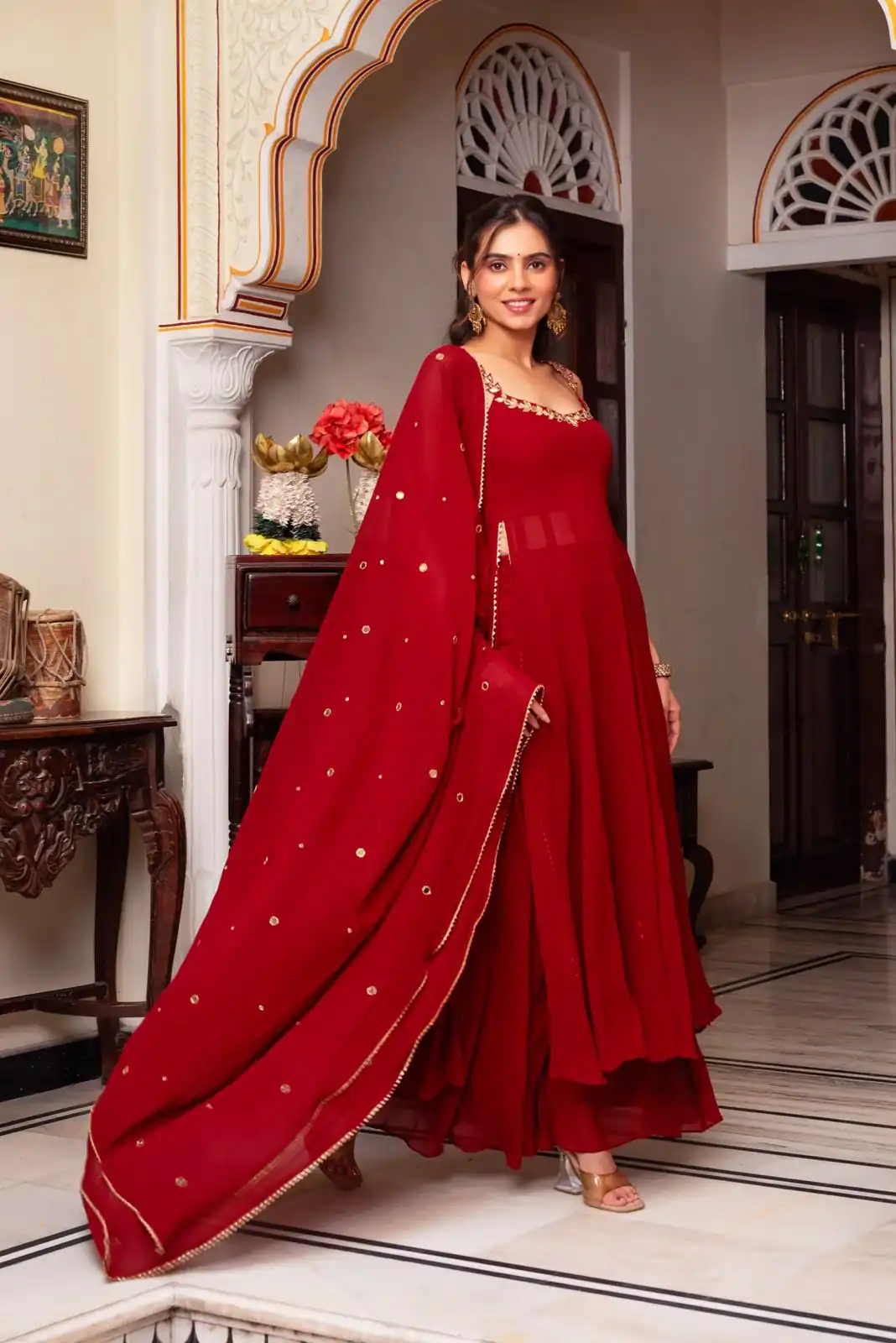 Red Faux Georgette Lace Mirror Work Salwar Suit - Image 3