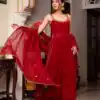Red Faux Georgette Lace Mirror Work Salwar Suit