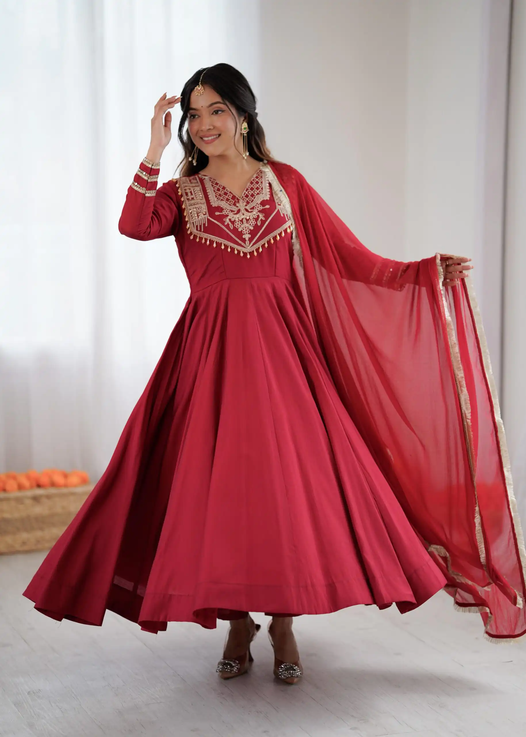 Red Roman Silk Lace Work Border Gown - Image 16