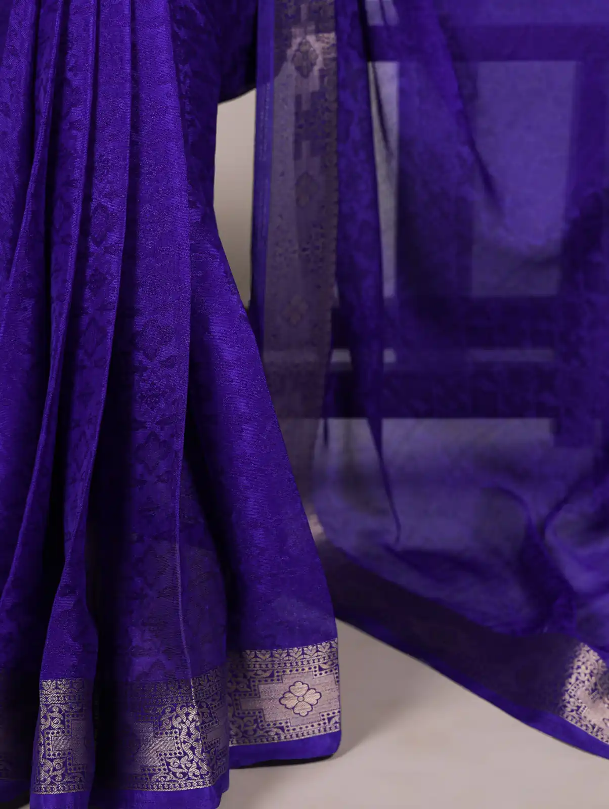 Royal Blue Poly Shimmer With Zari Work Saree - Image 3