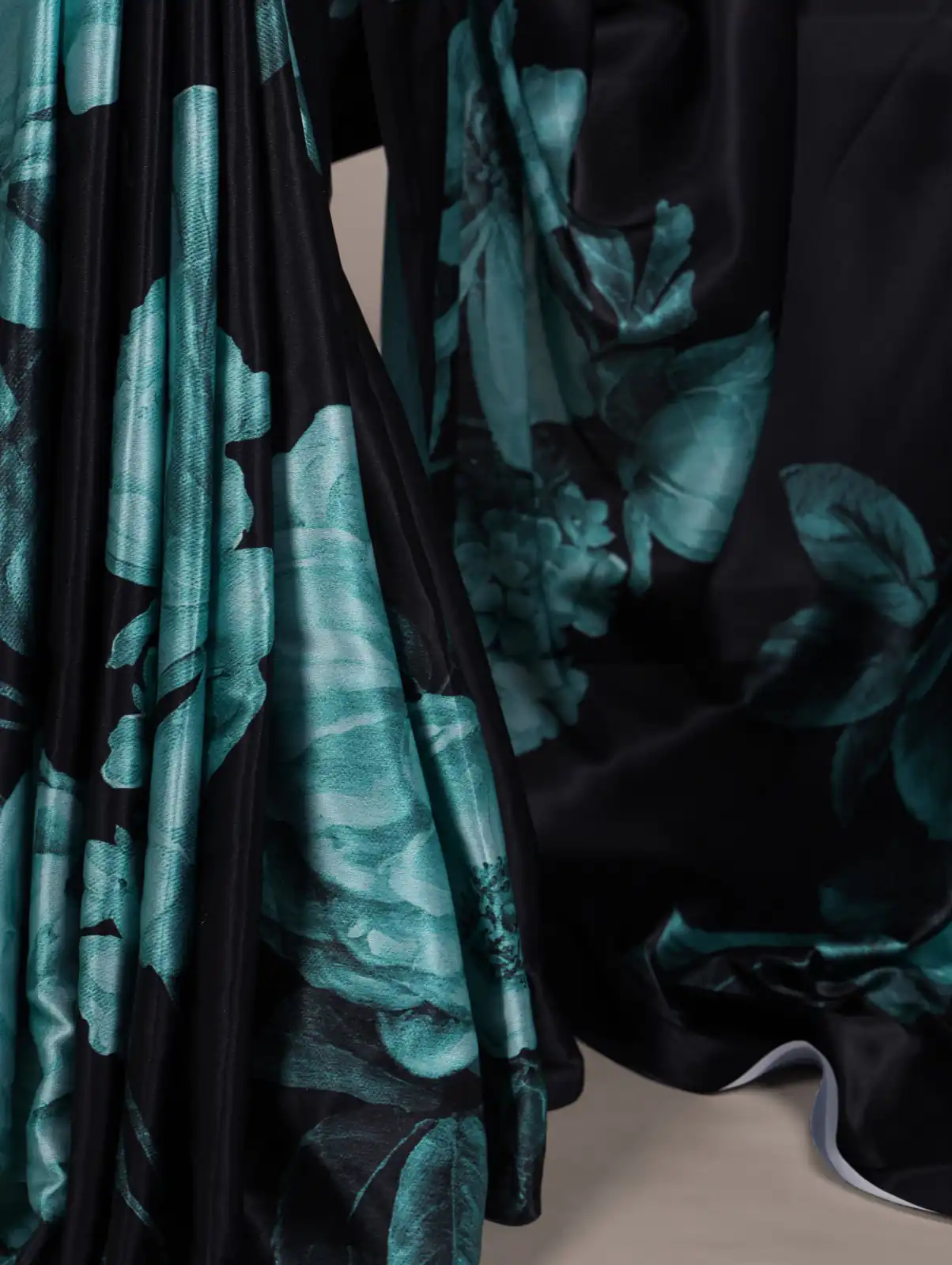 Teal Satin Silk Floral Print Saree - Image 3