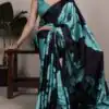 Teal Satin Silk Floral Print Saree