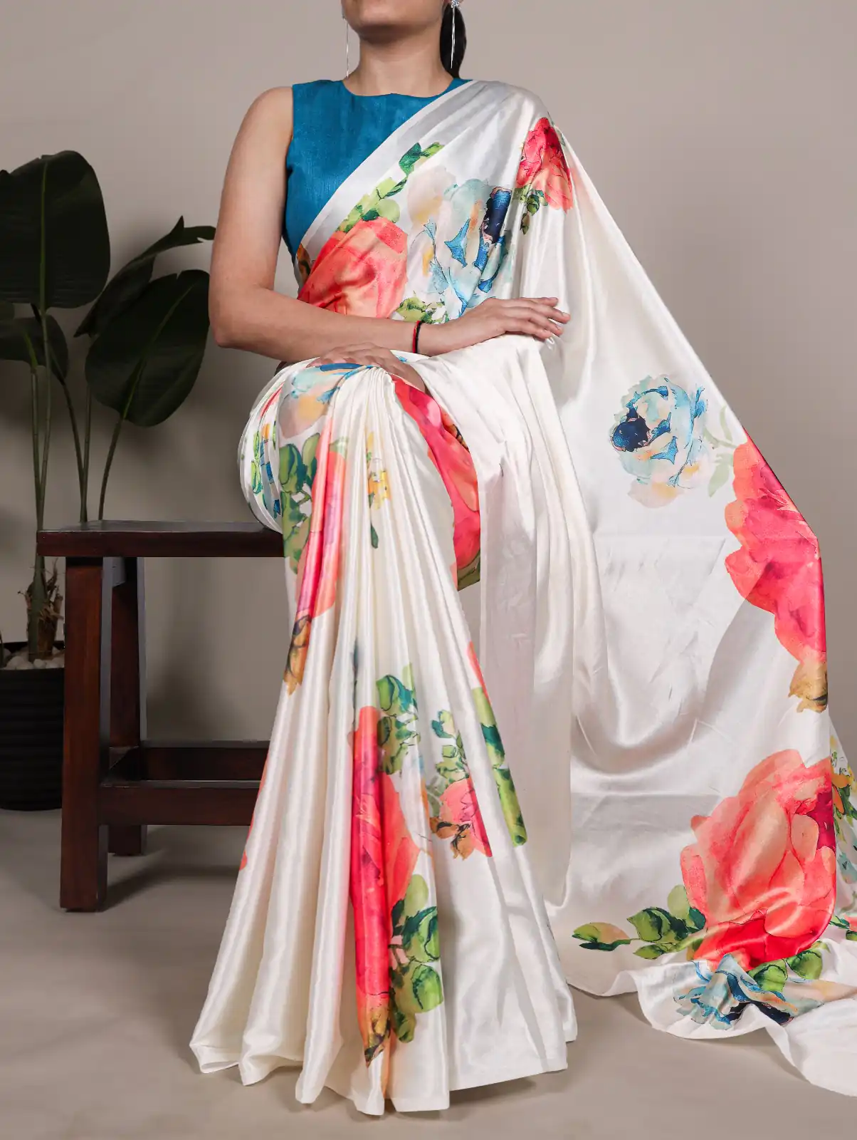 White Satin Silk Floral Print Saree