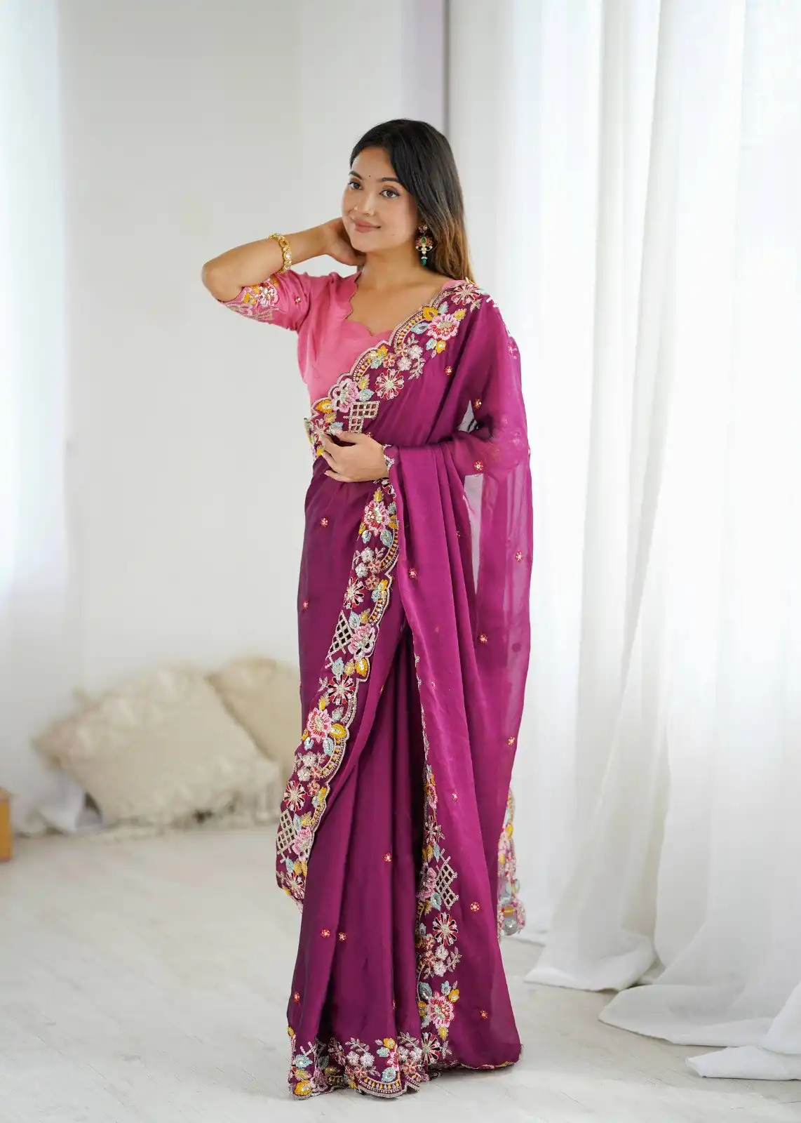 Wine Premium Noha Crush Sequins Work Saree - Image 6
