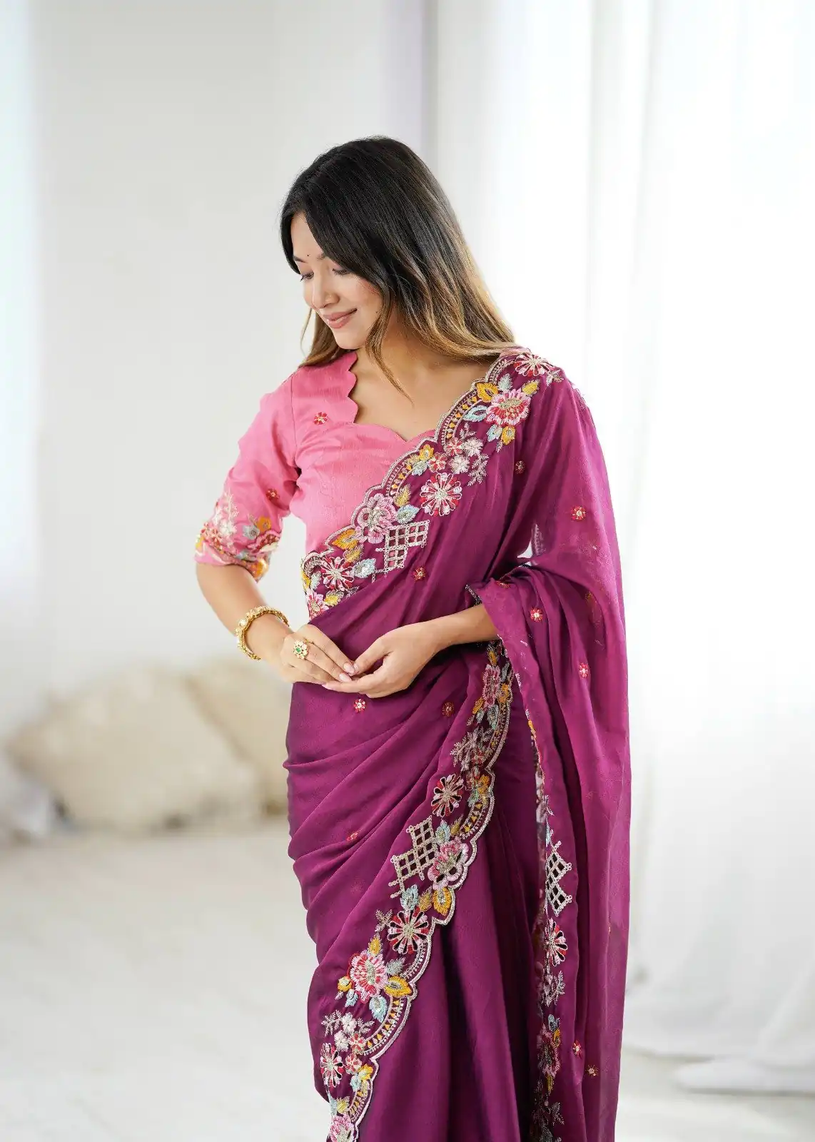 Wine Premium Noha Crush Sequins Work Saree - Image 4