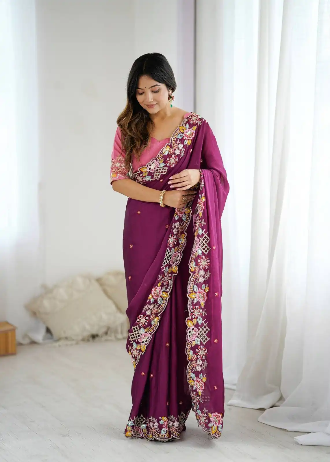 Wine Premium Noha Crush Sequins Work Saree - Image 3