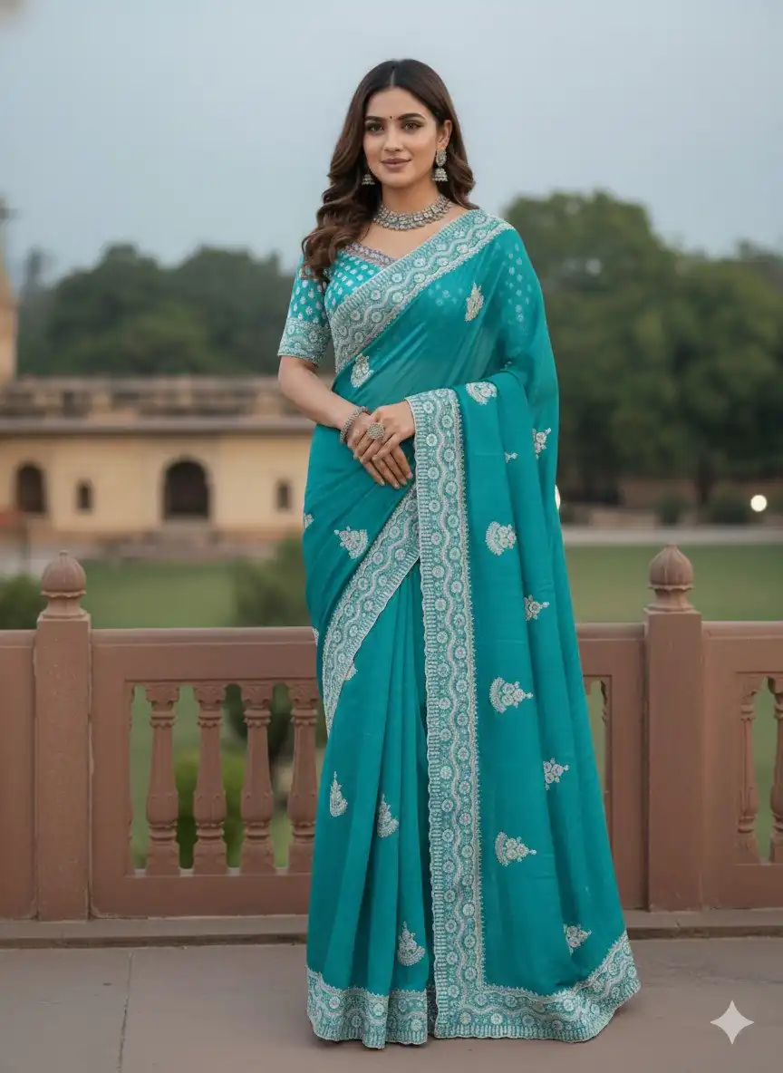 Sky Blue Soft Gold Crush Embroidery Work Saree